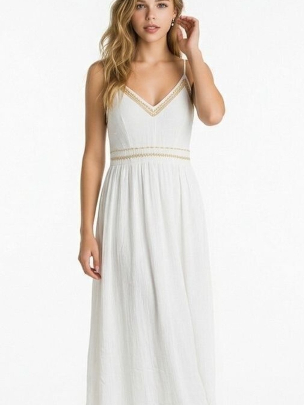 White V-Neck Boho Maxi Dress with Trim